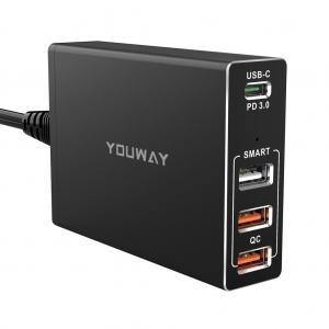 YOUWAY快充王-4口充電器,支援PD 60W快充QC3.0